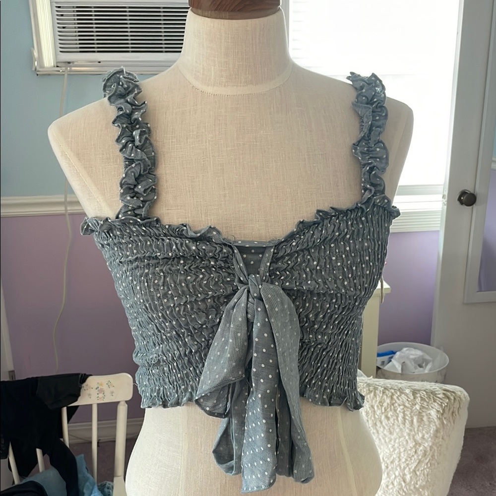 Mustard Seed Blue Ruffled Smocked  Crop Tank Top